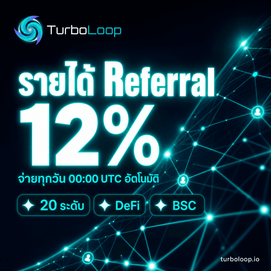 TurboLoop Thai market banner — Referral NeonGlow TealWhite Diagonal — 20-level referral system, earn daily at 00:00 UTC